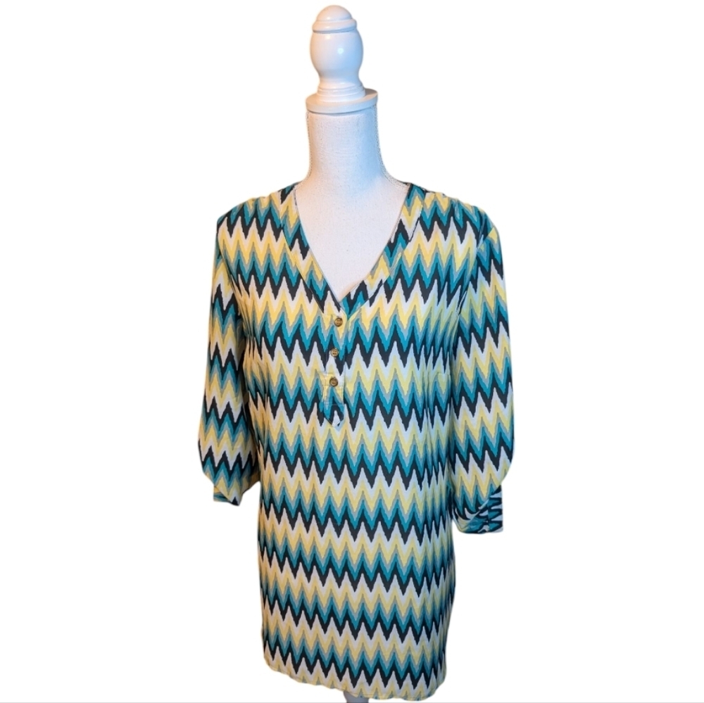 Riley + James Blouse Chevron Black Teal Gray Yellow Blouse